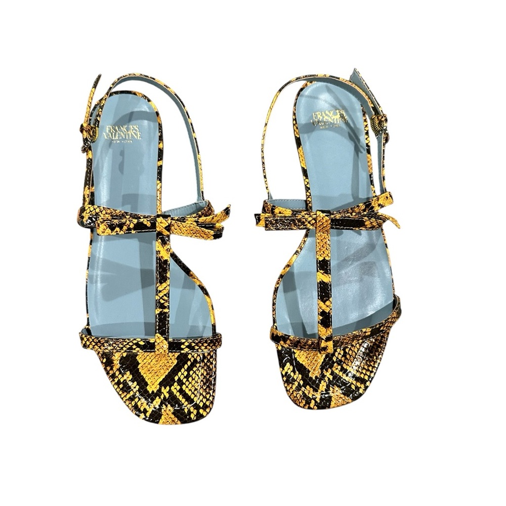 Frances Valentine Yellow Snake-Print Strappy Heels with Light Blue Accent 7
